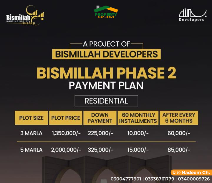 Payment Plan Bismillah Housing Society phase 2 Lahore